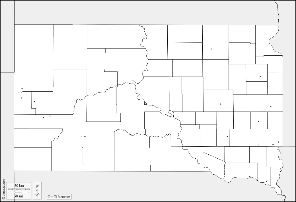داكوتا الجنوبية : خريطة مجانية, خريطة خاليه من الفراغ, خريطة الخطوط العريضة, خريطة القاعدة الحرة
 : حدود, المقاطعات, المدن الرئيسية