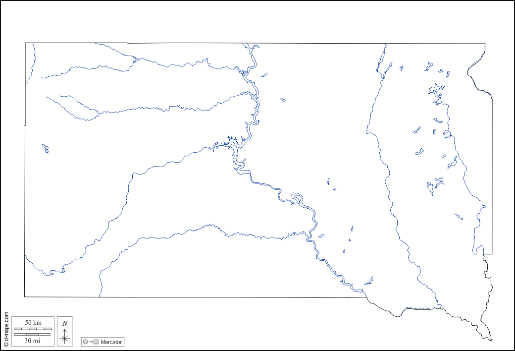 داكوتا الجنوبية : خريطة مجانية, خريطة خاليه من الفراغ, خريطة الخطوط العريضة, خريطة القاعدة الحرة
 : الخطوط العريضة, هيدروغرافيا, أبيض