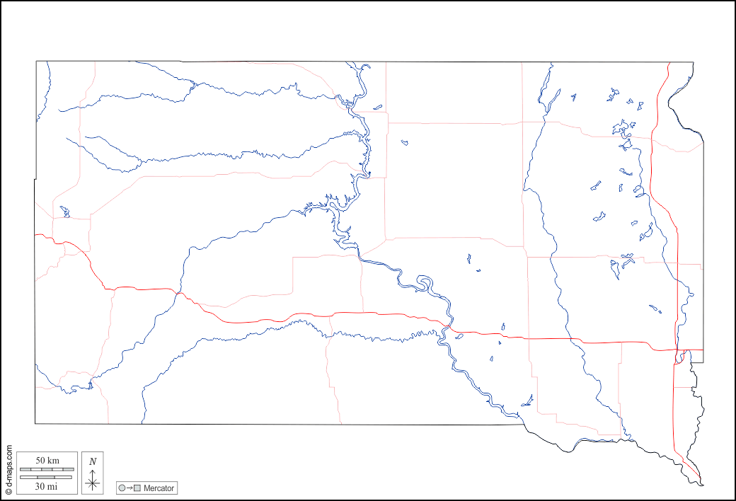 South Dakota : d-maps.com: free map, free blank map, free outline map, free base map : outline, hydrography, roads, white