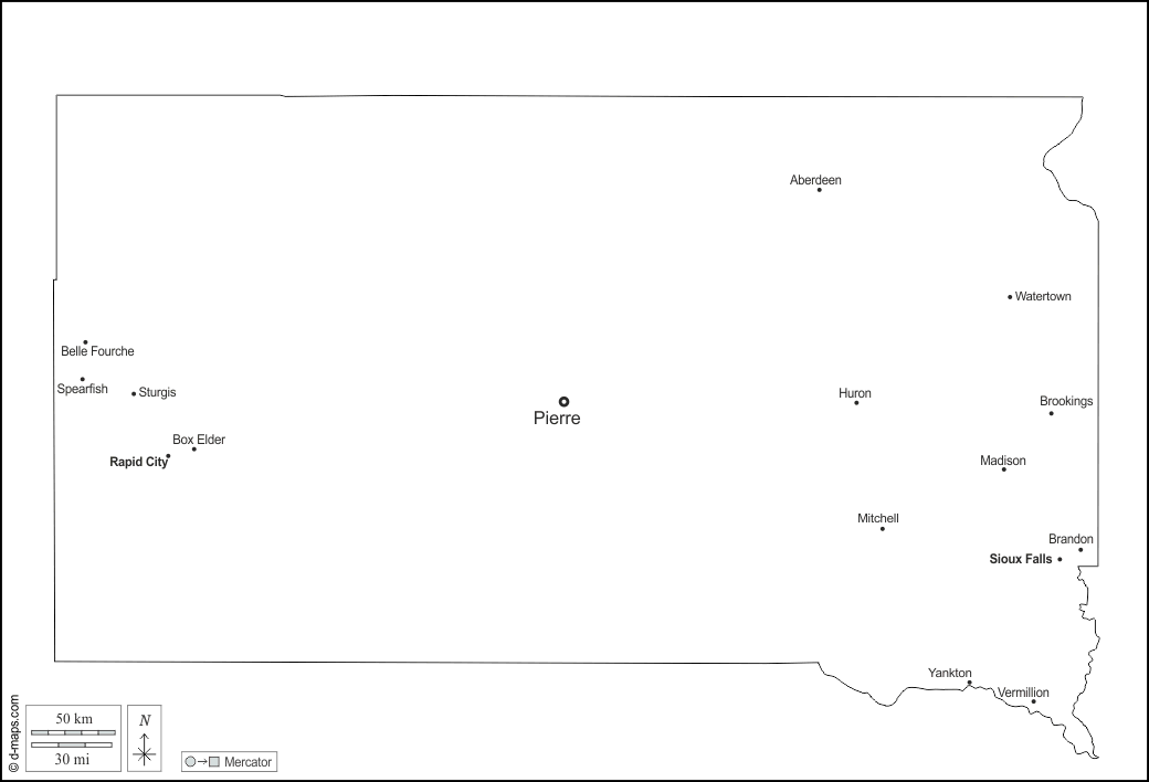 South Dakota : d-maps.com: free map, free blank map, free outline map, free base map : outline, main cities, names, white