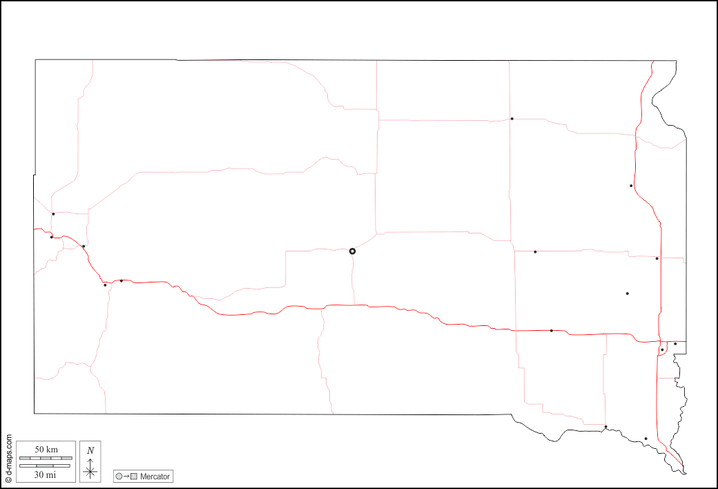 Dakota del Sur : d-maps.com: mapa gratuito, mapa mudo gratuito, mapa en blanco gratuito, plantilla de mapa : contornos, principales ciudades, carreteras, blanco