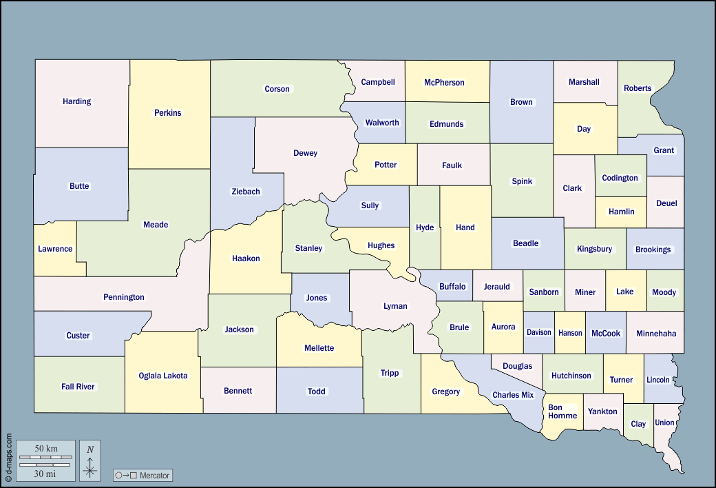 Dakota del Sud : d-maps.com: mappa gratuita, mappa muta gratuita, cartina muta gratuita : contorni, contee, nomi, colore