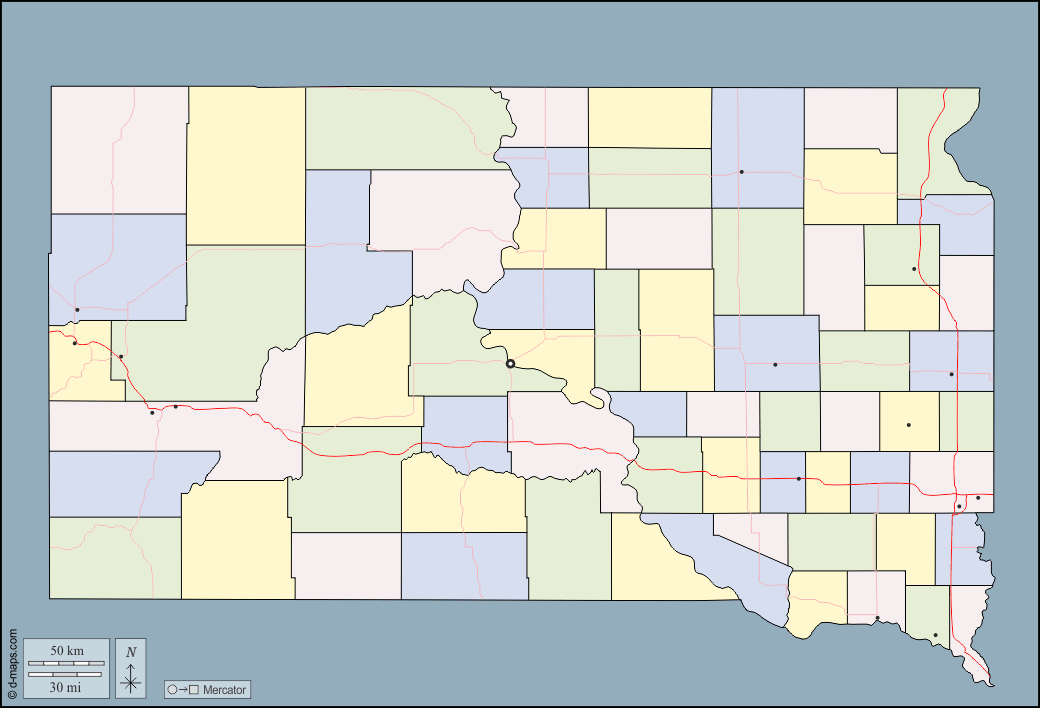Dakota del Sud : d-maps.com: mappa gratuita, mappa muta gratuita, cartina muta gratuita : contorni, contee, principali città, strade, colore