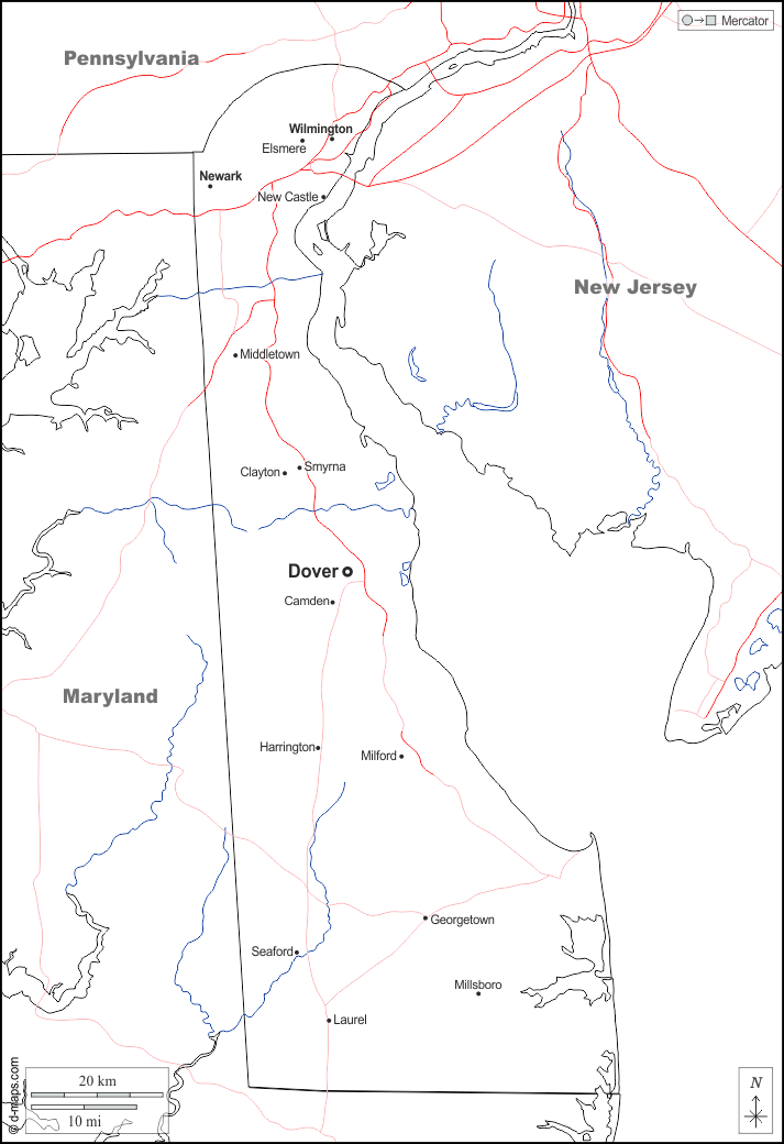 Delaware : d-maps.com: Kostenlose Karten, kostenlose stumme Karte, kostenlose unausgefüllt Landkarte, kostenlose hochauflösende Umrisskarte : Grenzen, Hydrografie, Wichtige Städte, Straßen, Namen, weiß