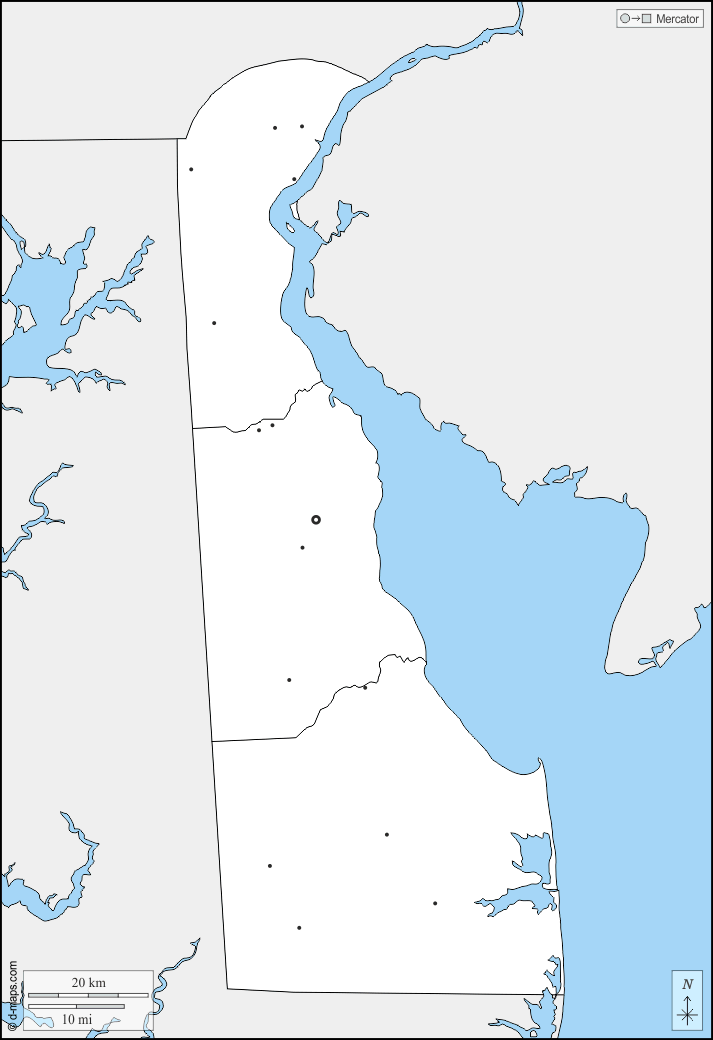 Delaware : d-maps.com: carte géographique gratuite, carte géographique muette gratuite, carte vierge gratuite, fond de carte gratuit, formats graphiques courants : frontières, comtés, principales villes