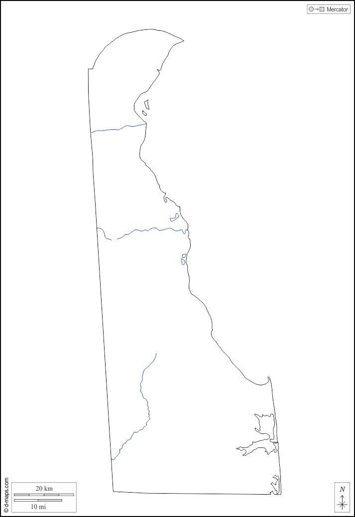 デラウェア : d-maps.com: 無料地図, 無料の空の地図, 無料のアウトラインマップ, 無料のベースマップ
 : 輪郭, 川と湖, 白い
