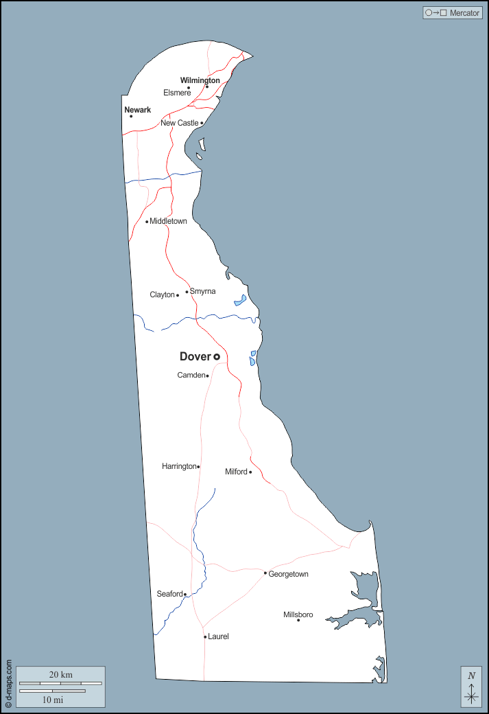 Delaware : d-maps.com: mapa gratuito, mapa mudo gratuito, mapa en blanco gratuito, plantilla de mapa : contornos, hidrografía, principales ciudades, carreteras, nombres