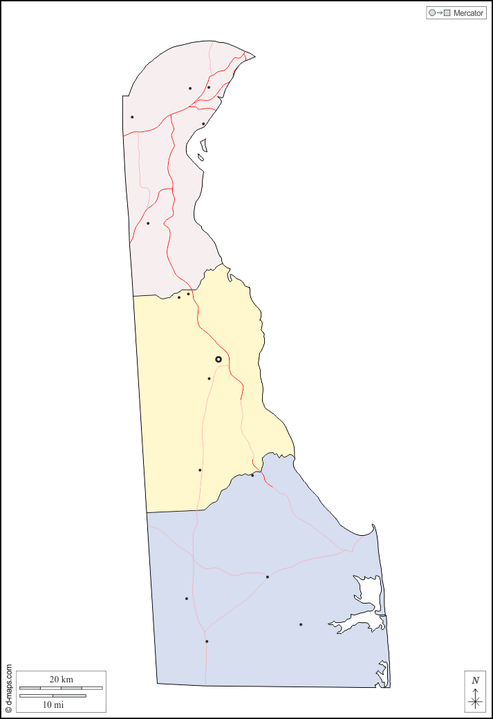 Delaware : d-maps.com: mapa gratuito, mapa mudo gratuito, mapa en blanco gratuito, plantilla de mapa : contornos, condados, principales ciudades, carreteras, color, blanco