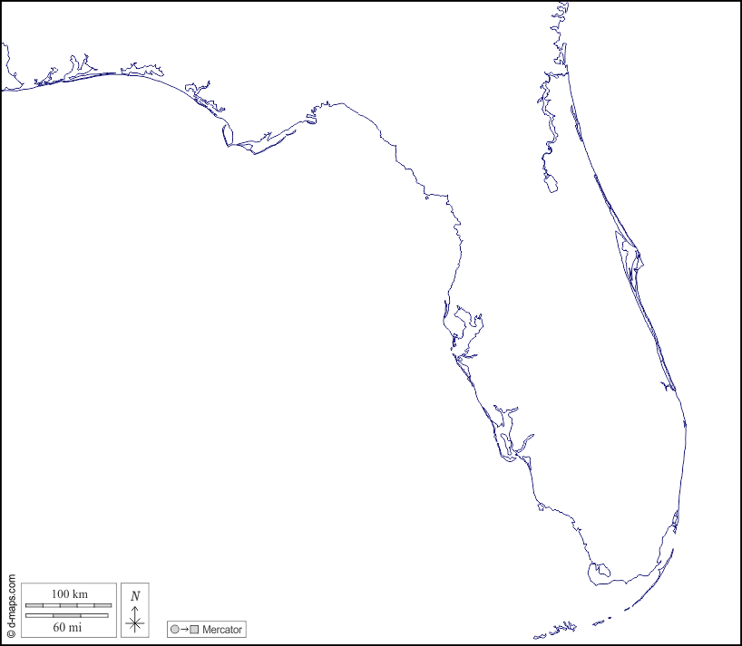 فلوريدا : خريطة مجانية, خريطة خاليه من الفراغ, خريطة الخطوط العريضة, خريطة القاعدة الحرة
 : سواحل, أبيض