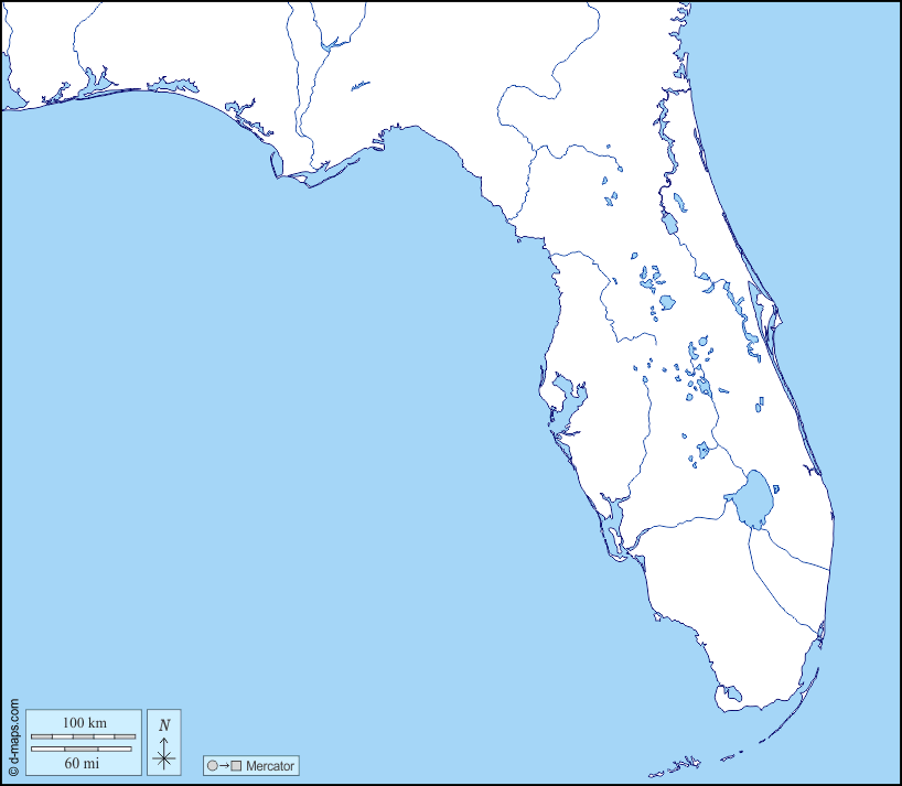 Floride : d-maps.com: carte géographique gratuite, carte géographique muette gratuite, carte vierge gratuite, fond de carte gratuit, formats graphiques courants : littoraux, hydrographie