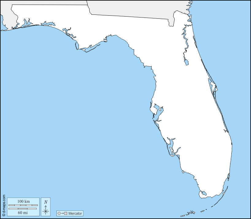 Florida : d-maps.com: Kostenlose Karten, kostenlose stumme Karte, kostenlose unausgefüllt Landkarte, kostenlose hochauflösende Umrisskarte : Grenzen