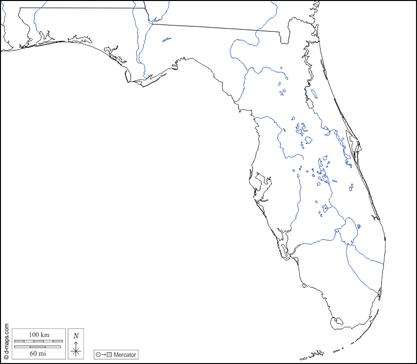 フロリダ : d-maps.com: 無料地図, 無料の空の地図, 無料のアウトラインマップ, 無料のベースマップ
 : 境界, 川と湖, 白い