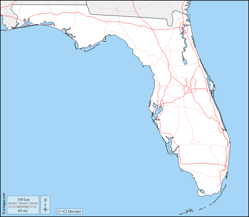 Florida : d-maps.com: Kostenlose Karten, kostenlose stumme Karte, kostenlose unausgefüllt Landkarte, kostenlose hochauflösende Umrisskarte : Grenzen, Straßen