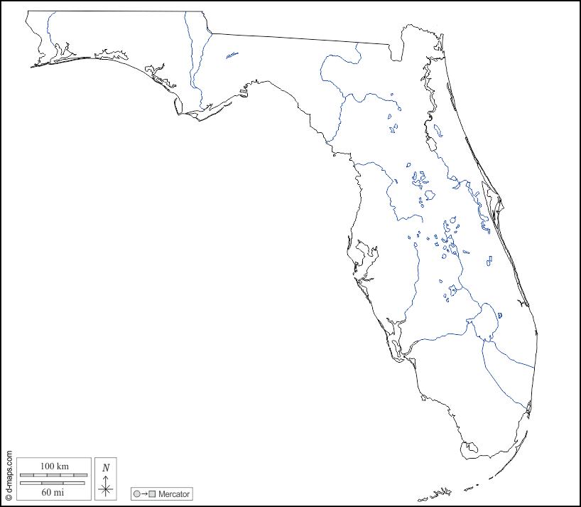 Floride : d-maps.com: carte géographique gratuite, carte géographique muette gratuite, carte vierge gratuite, fond de carte gratuit, formats graphiques courants : contours, hydrographie, blanc