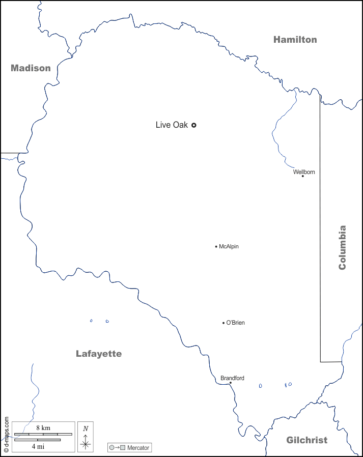 Contea di Suwannee : d-maps.com: mappa gratuita, mappa muta gratuita, cartina muta gratuita : frontiere, idrografia, principali città, nomi, bianco