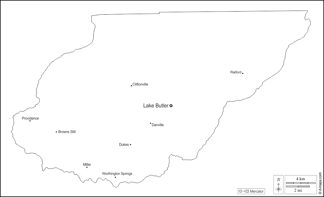 Contea di Union : d-maps.com: mappa gratuita, mappa muta gratuita, cartina muta gratuita : contorni, principali città, nomi, bianco