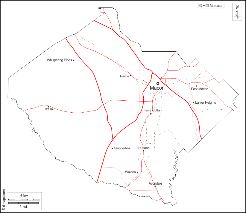 Contea di Bibb : d-maps.com: mappa gratuita, mappa muta gratuita, cartina muta gratuita : contorni, principali città, strade, nomi, bianco