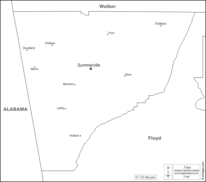 Contea di Chattooga : d-maps.com: mappa gratuita, mappa muta gratuita, cartina muta gratuita : frontiere, principali città, nomi, bianco