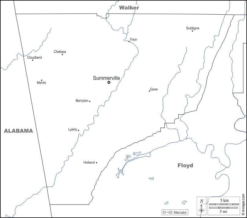 Contea di Chattooga : d-maps.com: mappa gratuita, mappa muta gratuita, cartina muta gratuita : frontiere, idrografia, principali città, nomi, bianco