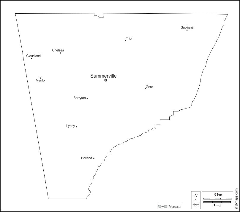 Contea di Chattooga : d-maps.com: mappa gratuita, mappa muta gratuita, cartina muta gratuita : contorni, principali città, nomi, bianco