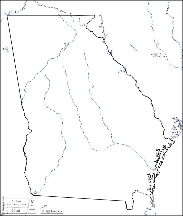 Georgia : d-maps.com: Kostenlose Karten, kostenlose stumme Karte, kostenlose unausgefüllt Landkarte, kostenlose hochauflösende Umrisskarte : Küsten, Grenzen, Hydrografie, weiß