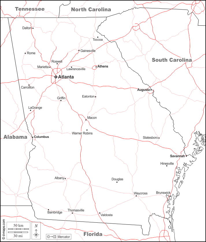 Georgia : d-maps.com: mapa gratuito, mapa mudo gratuito, mapa en blanco gratuito, plantilla de mapa : fronteras, principales ciudades, carreteras, nombres, blanco