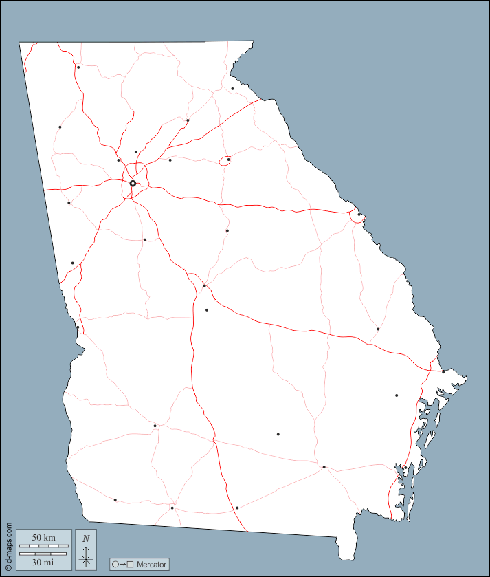 Geórgia : d-maps.com: mapa livre, mapa em branco livre, mapa livre do esboço, mapa básico livre
 : contornos, principais cidades, estradas