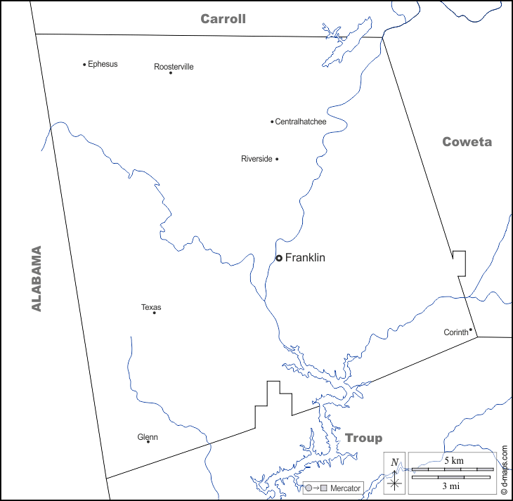 Contea di Heard : d-maps.com: mappa gratuita, mappa muta gratuita, cartina muta gratuita : frontiere, idrografia, principali città, nomi, bianco