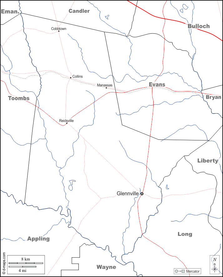 Contea di Tattnall : d-maps.com: mappa gratuita, mappa muta gratuita, cartina muta gratuita : frontiere, idrografia, principali città, strade, nomi, bianco