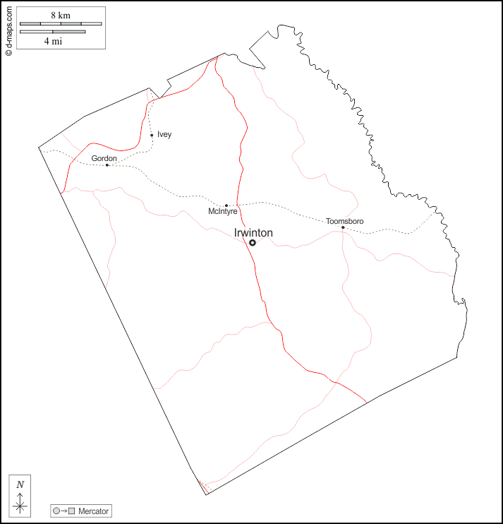 Contea di Wilkinson : d-maps.com: mappa gratuita, mappa muta gratuita, cartina muta gratuita : contorni, principali città, strade, nomi, bianco