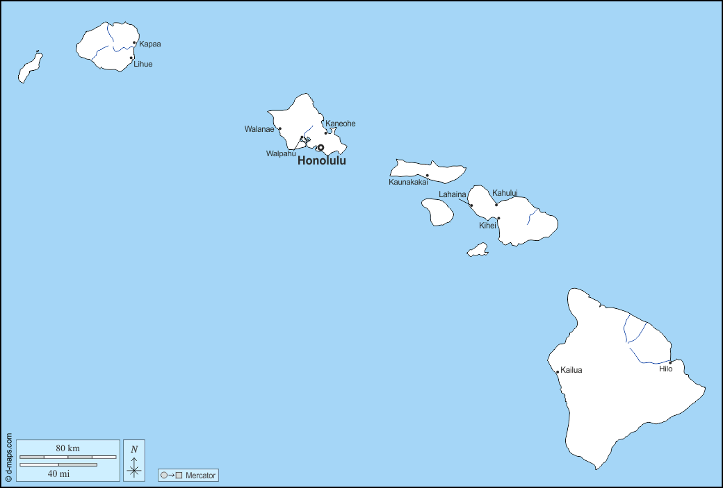 Hawaii : d-maps.com: free map, free blank map, free outline map, free base map : boundaries, hydrography, main cities, names