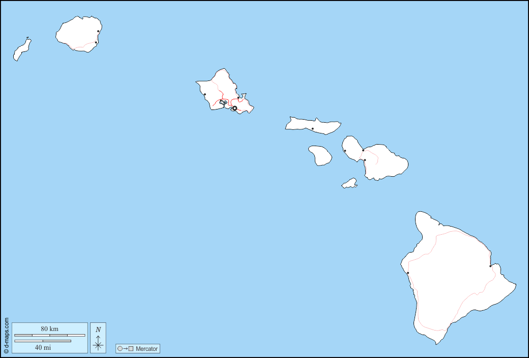 Hawaii : d-maps.com: Kostenlose Karten, kostenlose stumme Karte, kostenlose unausgefüllt Landkarte, kostenlose hochauflösende Umrisskarte : Grenzen, Wichtige Städte, Straßen