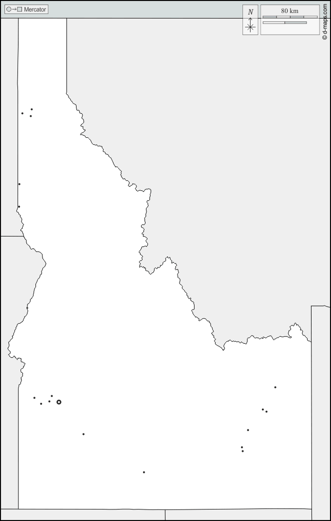 Idaho : d-maps.com: mappa gratuita, mappa muta gratuita, cartina muta gratuita : frontiere, principali città