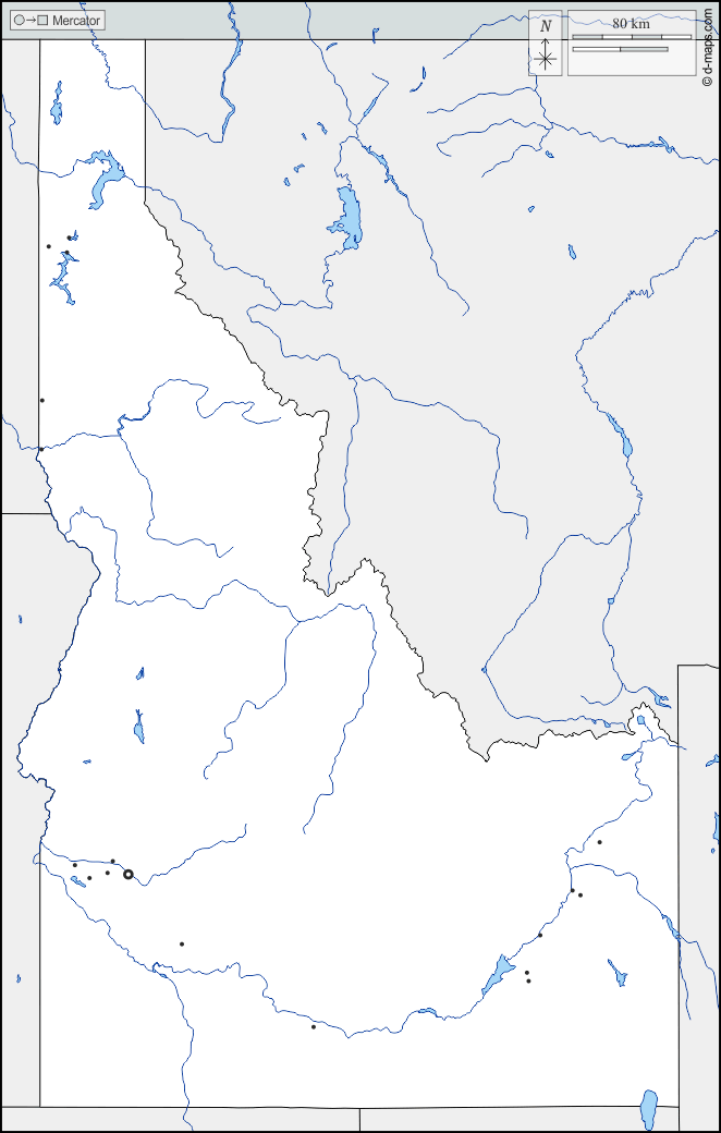 Idaho : d-maps.com: Kostenlose Karten, kostenlose stumme Karte, kostenlose unausgefüllt Landkarte, kostenlose hochauflösende Umrisskarte : Grenzen, Hydrografie, Wichtige Städte