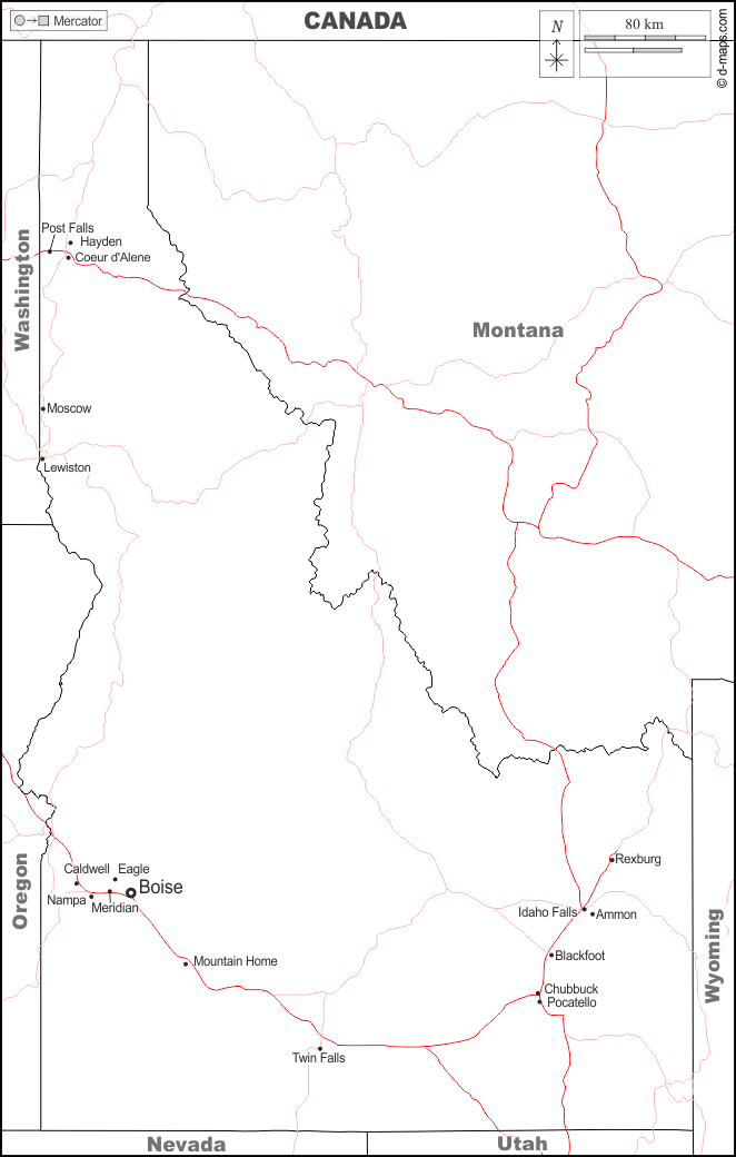 Idaho : d-maps.com: Kostenlose Karten, kostenlose stumme Karte, kostenlose unausgefüllt Landkarte, kostenlose hochauflösende Umrisskarte : Grenzen, Wichtige Städte, Straßen, Namen, weiß