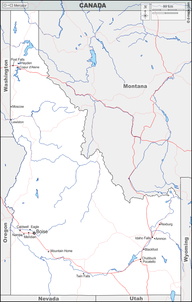 Idaho : d-maps.com: mapa livre, mapa em branco livre, mapa livre do esboço, mapa básico livre
 : fronteiras, hidrografia, principais cidades, estradas, nomes