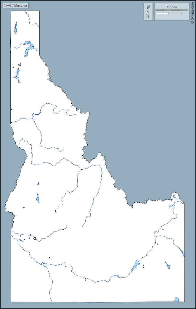 爱达荷州 : d-maps.com: 免费地图, 免费的空白地图, 免费的轮廓地图, 免费基地地图 : 大纲, 水文学, 主要城市