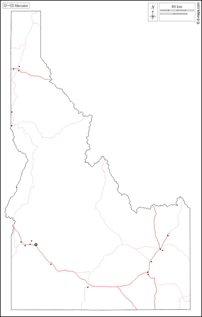 爱达荷州 : d-maps.com: 免费地图, 免费的空白地图, 免费的轮廓地图, 免费基地地图 : 大纲, 主要城市, 道路, 白