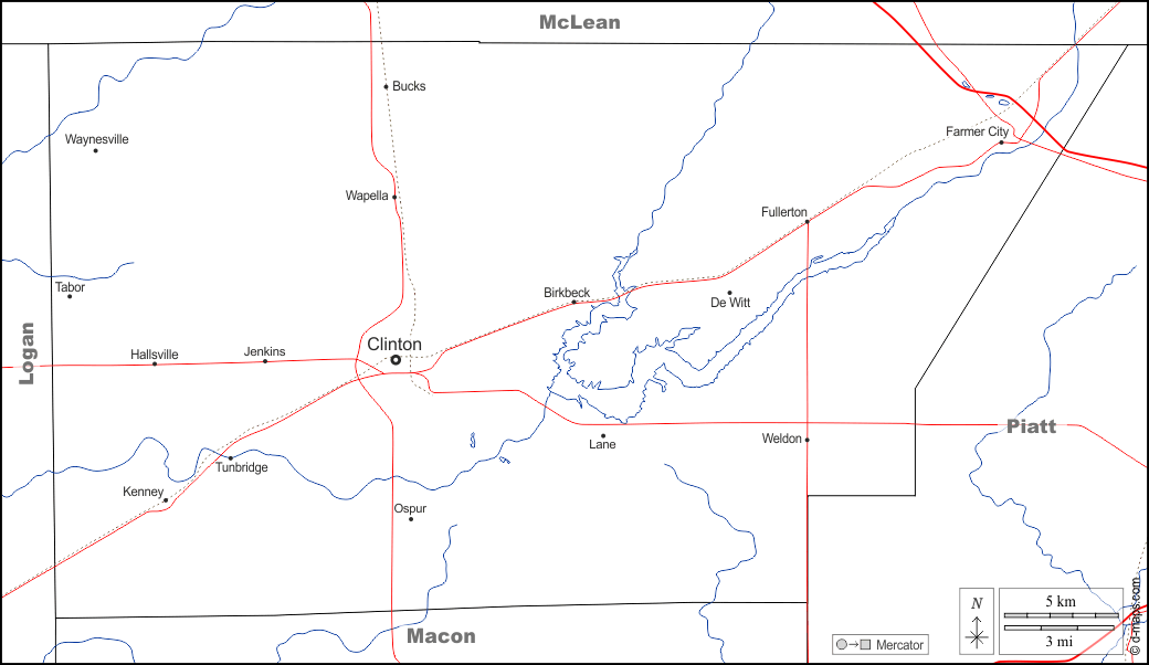 Округ ДеВитт : d-maps.com: Бесплатная карта, бесплатная карта, свободная карта, Бесплатная базовая карта
 : границы, гидрографии, Главные города, дорог, имена, Белый
