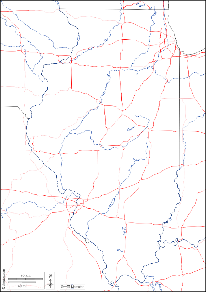 Illinois : d-maps.com: mappa gratuita, mappa muta gratuita, cartina muta gratuita : frontiere, idrografia, strade, bianco