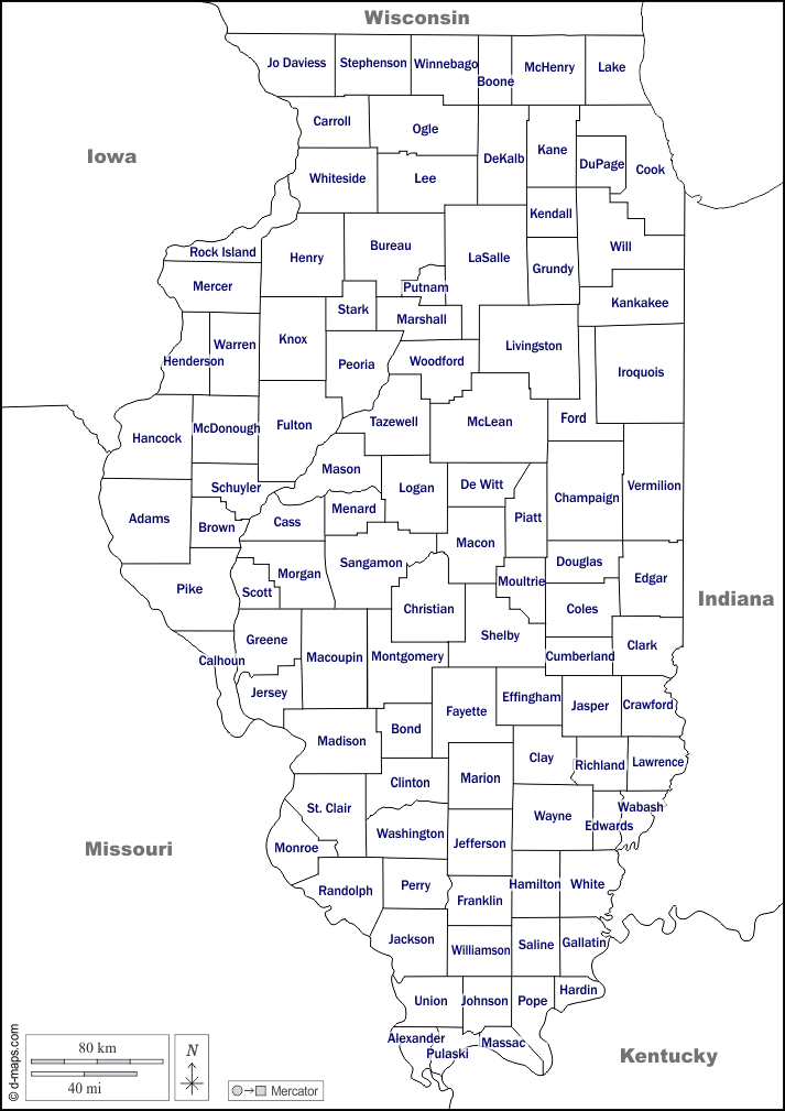 Illinois : d-maps.com: mappa gratuita, mappa muta gratuita, cartina muta gratuita : frontiere, contee, nomi, bianco