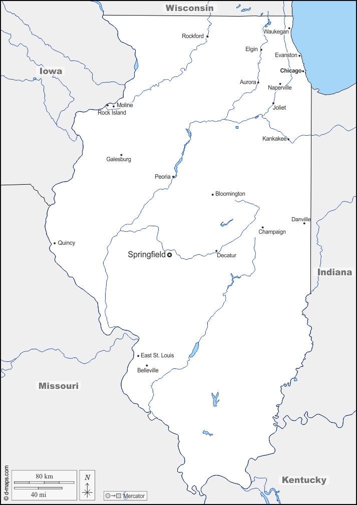 Illinois : d-maps.com: mappa gratuita, mappa muta gratuita, cartina muta gratuita : frontiere, idrografia, principali città, nomi