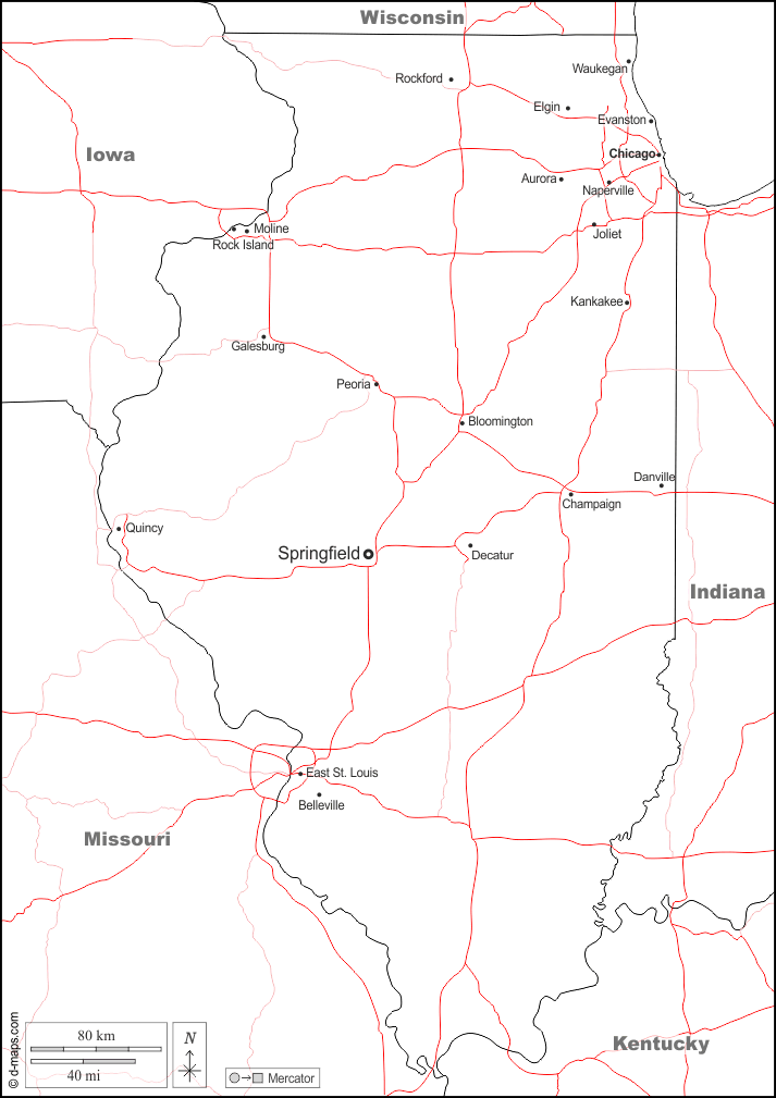 Illinois : d-maps.com: free map, free blank map, free outline map, free base map : boundaries, main cities, roads, names, white