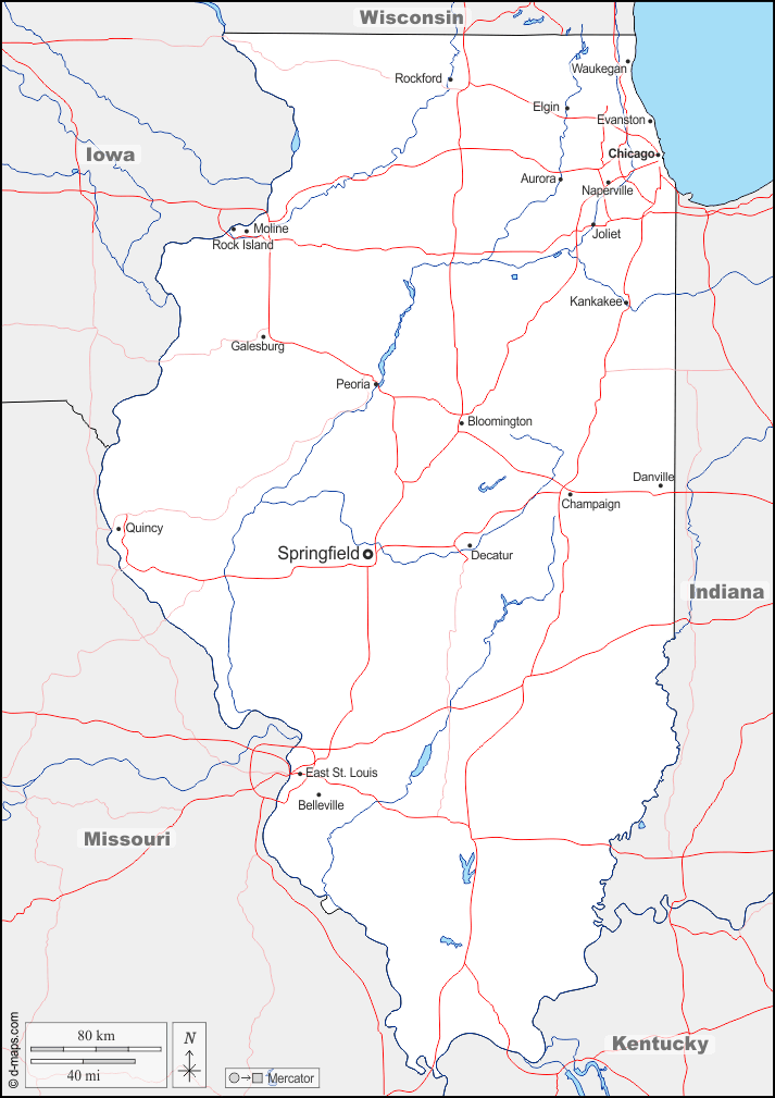 伊利诺伊州 : d-maps.com: 免费地图, 免费的空白地图, 免费的轮廓地图, 免费基地地图 : 边界, 水文学, 主要城市, 道路, 名称