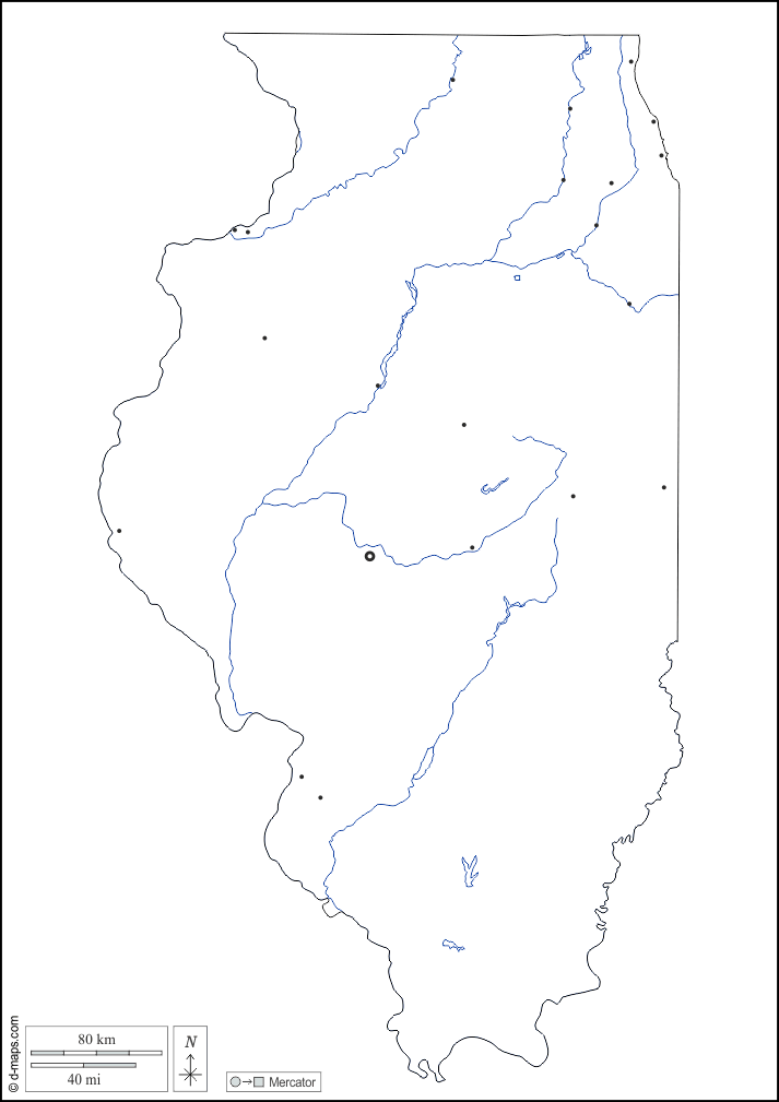 Illinois : d-maps.com: carte géographique gratuite, carte géographique muette gratuite, carte vierge gratuite, fond de carte gratuit, formats graphiques courants : contours, hydrographie, principales villes, blanc