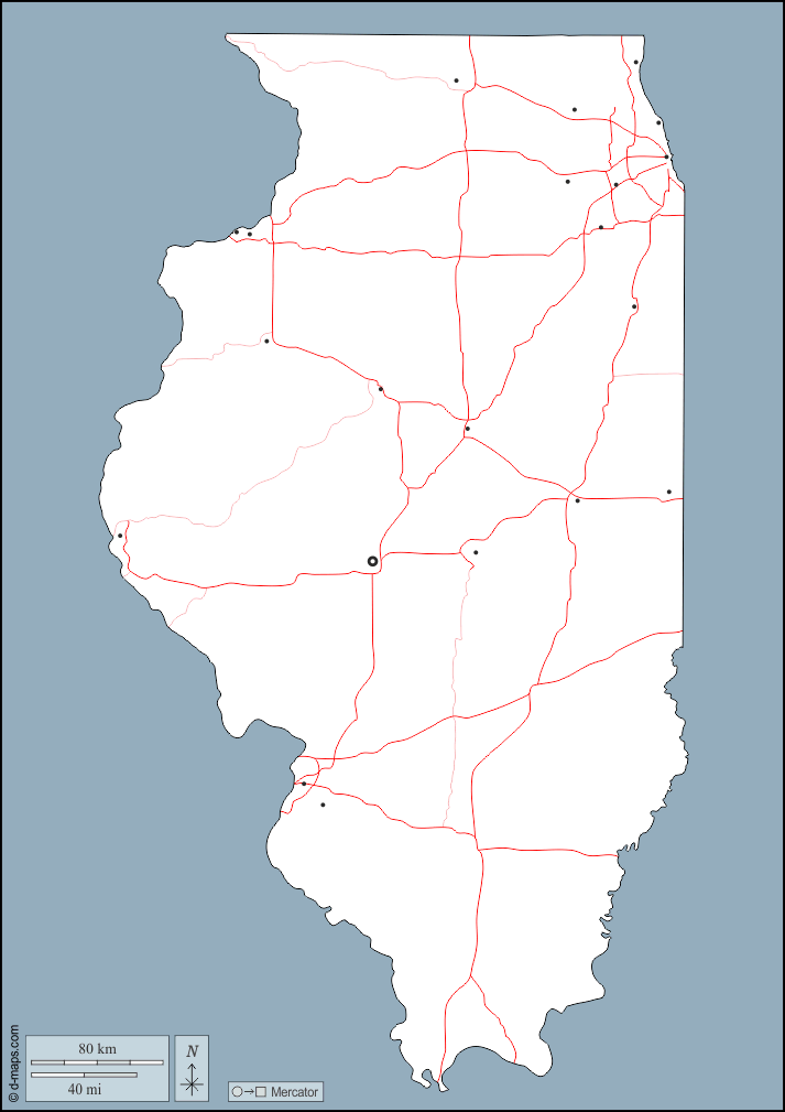 Illinois : d-maps.com: mappa gratuita, mappa muta gratuita, cartina muta gratuita : contorni, principali città, strade