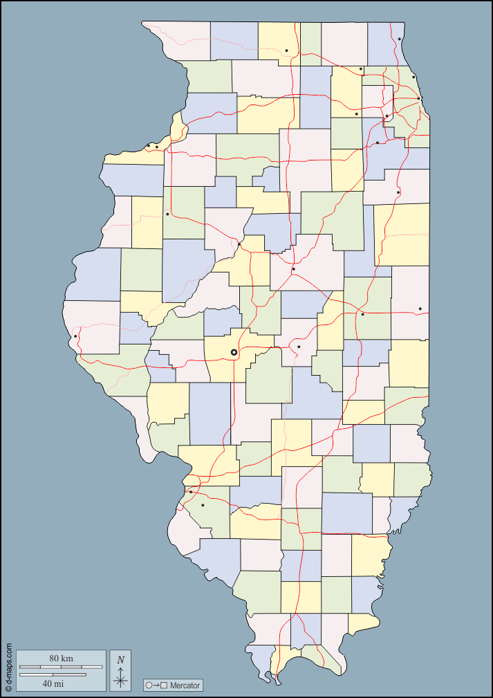 イリノイ : d-maps.com: 無料地図, 無料の空の地図, 無料のアウトラインマップ, 無料のベースマップ
 : 輪郭, 郡, 主要都市, 道路, 色