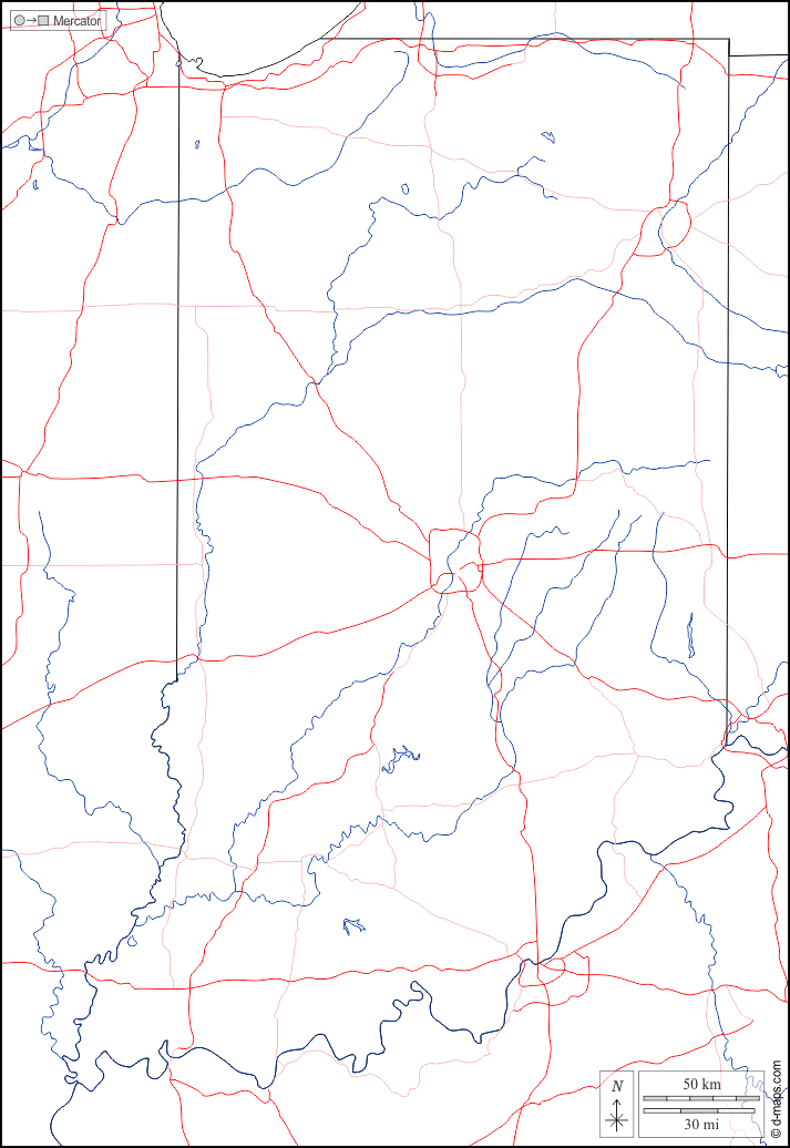 Indiana : d-maps.com: mappa gratuita, mappa muta gratuita, cartina muta gratuita : frontiere, idrografia, strade, bianco