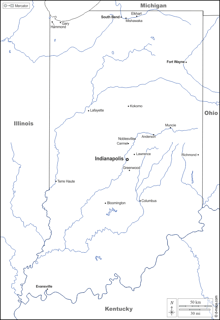 Indiana : d-maps.com: mappa gratuita, mappa muta gratuita, cartina muta gratuita : frontiere, idrografia, principali città, nomi, bianco