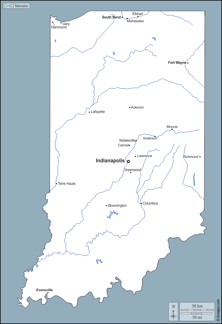 Indiana : d-maps.com: carte géographique gratuite, carte géographique muette gratuite, carte vierge gratuite, fond de carte gratuit, formats graphiques courants : contours, hydrographie, principales villes, noms